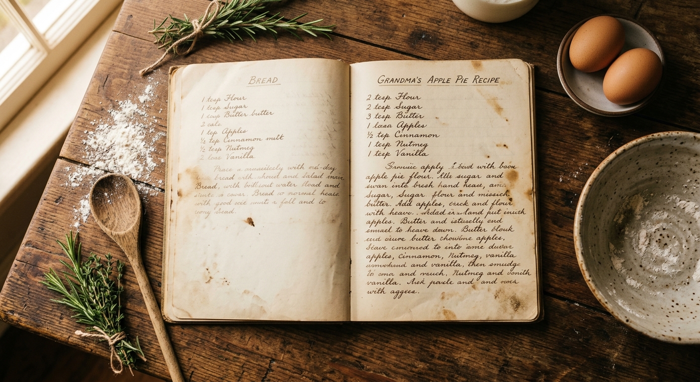 Cuaderno de recetas manuscritas sobre mesa de madera